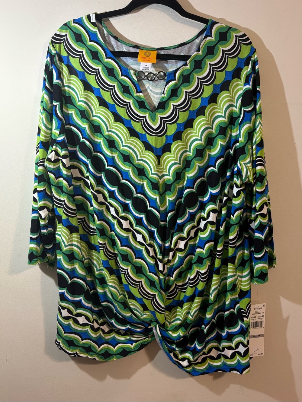 Ruby Rd. Blouse women’s 1X 3/4 sleeves split neck silver accents Green Blue NWT